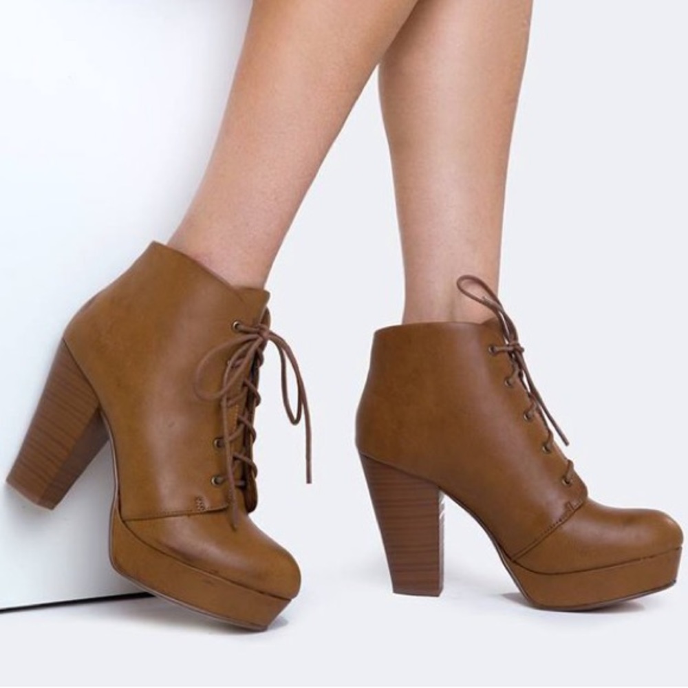 Brown round toe lace up ankle booties chunky heel